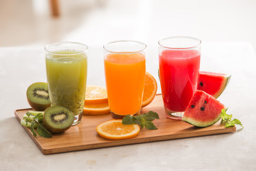 Assortment of fruit and vegetables juice in glass. Fresh organic ingredients, health or detox diet food concept