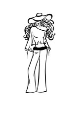 Black and white fashion model in hat and trousers silhouette isolated on white background