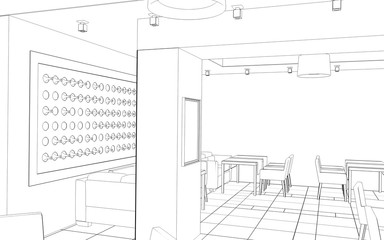 restaurant, 3D illustration, sketch, outline