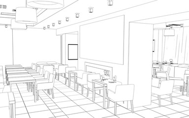 restaurant, 3D illustration, sketch, outline