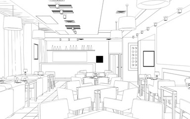 restaurant, 3D illustration, sketch, outline