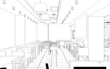 restaurant, 3D illustration, sketch, outline