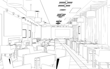 restaurant, 3D illustration, sketch, outline