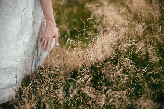 Hand among herbs and wildflowers in field. Boho woman walking in countryside among grass, simple slow life style. Space for text. Atmospheric image