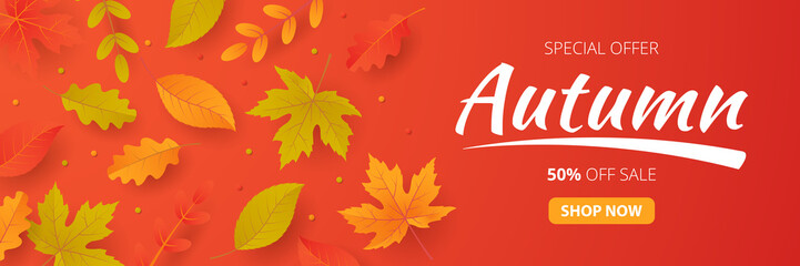 Autumn sale background with leaves. Can be used for shopping sale, promo poster, banner, flyer, invitation, website or greeting card. Vector illustration