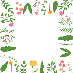 Floral frame with leaves and flowers. Place for test, vector illustrations. .