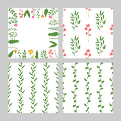 Fototapeta na wymiar Set of seamless patterns with hand drawn flowers and leaves on a white background. Vector background fills.
