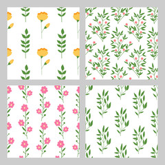 Set of seamless patterns with hand drawn flowers and leaves on a white background. Vector background fills.