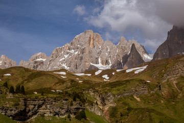 Mountain landscape in the Alps, Dolomite mountain peak in Passo Rolle, Italy