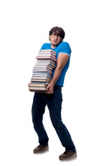 Male student with many books isolated on white