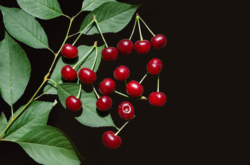 sweet cherries with green leaves on dark rust metal background, top view, place for text, horizontal