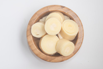 Sliced Palm Heart in a bowl. Top view