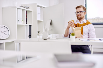 Mid age businessman having lunch at the computer in the office