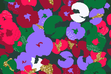 Painting universal freehand floral seamless pattern with gold glitter flowers. Graphic design for background, card, banner, poster, cover, invitation, fabric, header or brochure