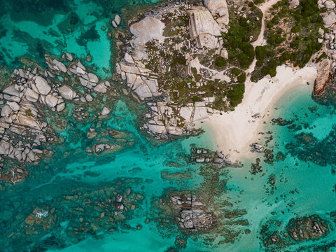 Drone photo from cavallo island in the Lavezzi park, Corsica, france
