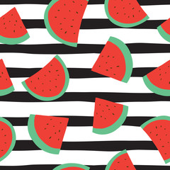 Watermelon seamless vector pattern on black and white striped background