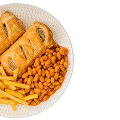Sausage Rolls with Baked Beans and Chips