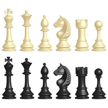 Set of white and black chess pieces in 3D style on white background. Vector illustration