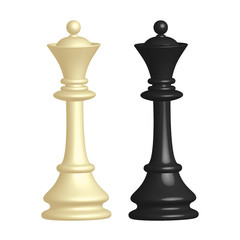 White and black chess piece Queen in 3D style on white background. Vector illustration