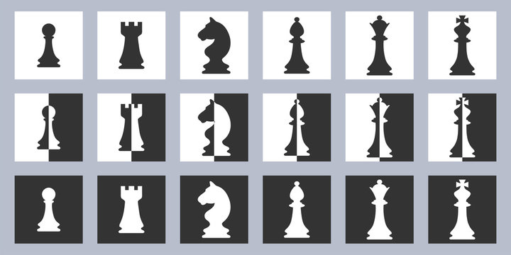 Set of white and black chess pieces icons in flat style on the white and black background in squares. Vector illustration