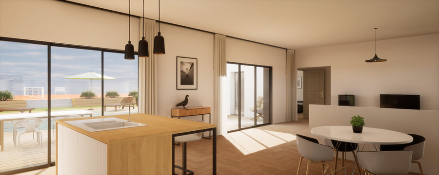 vue 3d grande pi&egrave;ce de vie avec vue sur terrasse et piscine