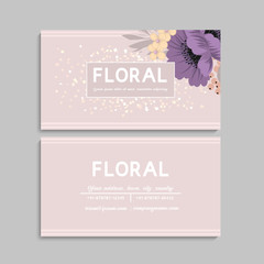 Business card with beautiful violet flowers. Template