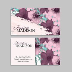 Business card with beautiful violet flowers. Template