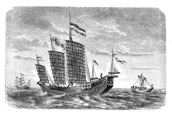 Chinese junk is a type of ancient sailing ship developed since the 2nd century AD for extensive ocean voyages, They are made of softwoods.Ocean-going junks have a curved hull in section. © acrogame