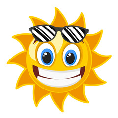 Sun smile in black glasses on a white. Character
