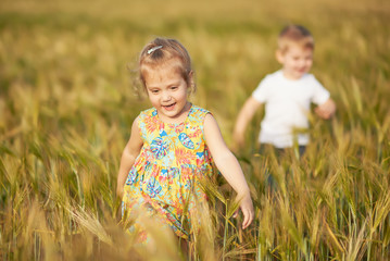 Cute children walking and running on the wheat golden field on a sunny summer day. Girl and boy smiling and happy. Nature in the country. Happy family