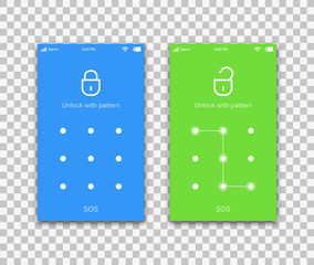 Screen lock pattern password background template on smartphone display. Vector screen lock ID recognition with pattern password on lockscreen