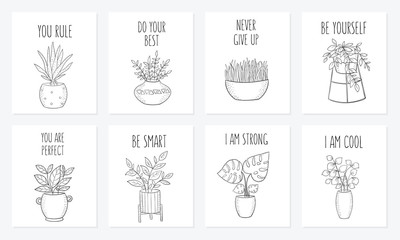 Collection of cute cards with house plants in pots