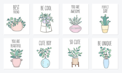 Collection of cute cards with house plants in pots