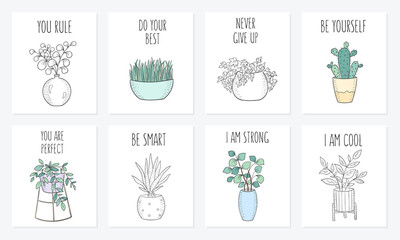 Collection of cute cards with house plants in pots