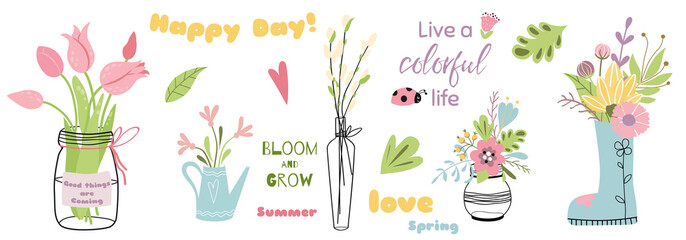 Flower elements Set of mason jars with flower bouquets Cute hand drawn color vector quotes phrases © Tani Kuzminka