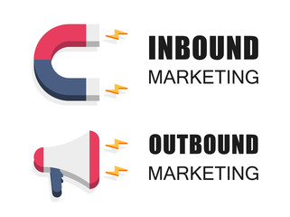 Inbound and outbound marketing vector business illustration in isometric design. Online and offline or interruption and permission marketing background.