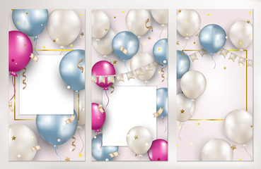 Set of Birthday greeting cards with flying pink, blue, white balloons, flag garland, confetti, serpentine. Holidays banner for sales, events wedding invitation, promotionals. Vector background.