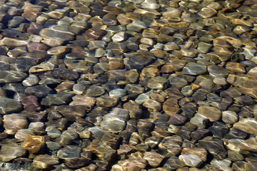 close up abstract background image of clear water surface and pebble stones texture