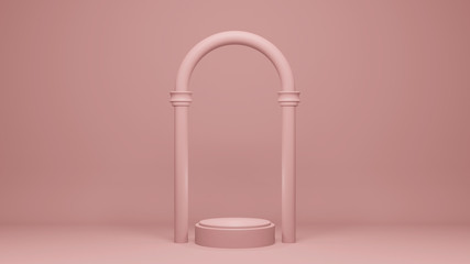 Pink pedestal podium scene, realistic 3d illustration. Display for product advertising in empty pink room, minimalist design, front view.
