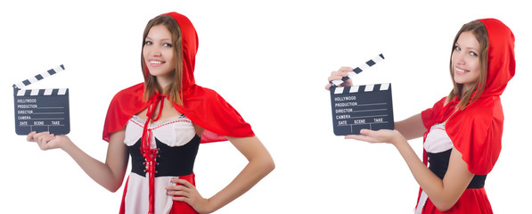 Young woman waiter with movie board isolated on white 