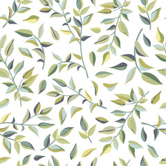 Liana leaves on white background. Seamless pattern of plants jungle. Vector illustration.
