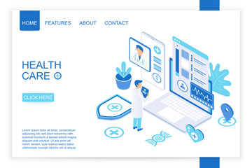 Isometric design of website homepage for healthcare organization. Health care isometry vector illustration.