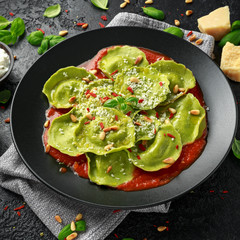 Italian ravioli pasta stuffed with basil pesto, creamy ricotta and crunchy pine nuts. Healthy...
