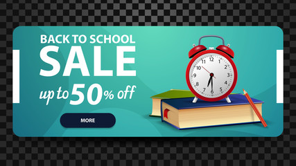 Back to school, up to 50% off, discount web banner for your website with school books and alarm clock