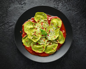 Italian ravioli pasta stuffed with basil pesto, creamy ricotta and crunchy pine nuts. Healthy Vegetarian food