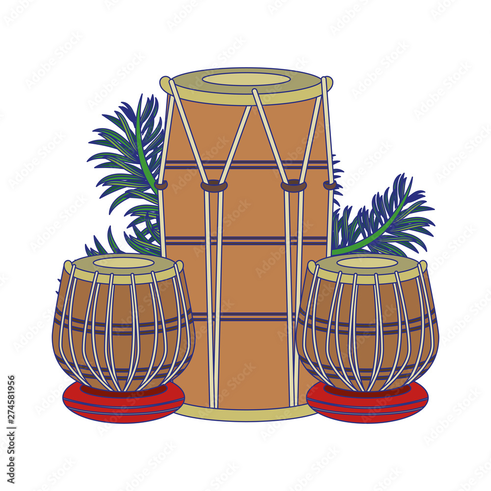 Wall mural indian table drums with leaves blue lines