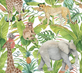Hand drawn colorful seamless pattern with watercolor wild exotic animals, palm leaves, exotic plants, pineapples and banana leaves. Summer repeated background © anastasianio