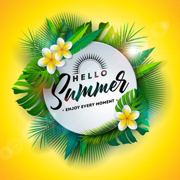 Hello Summer Illustration with Typography Letter and Tropical Plants on Yellow Background. Vector Holiday Design with Exotic Palm Leaves and Phylodendron for Banner, Flyer, Invitation, Brochure