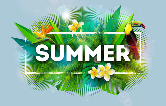 Summer Holiday Illustration with Flower and Toucan Bird on Blue Background. Vector Tropical Holiday Design with Exotic Palm Leaves and Phylodendron for Banner, Flyer, Invitation, Brochure, Poster or