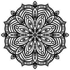 Black outline flower mandala. Vintage decorative element. Ornamental round doodle flower isolated on white background. Geometric circle element. Vector illustration.